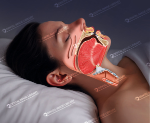 Medical illustration of upper airway obstruction during snoring with soft palate and tongue collapse reducing airflow